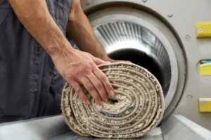 Man loading rolled rug into washer